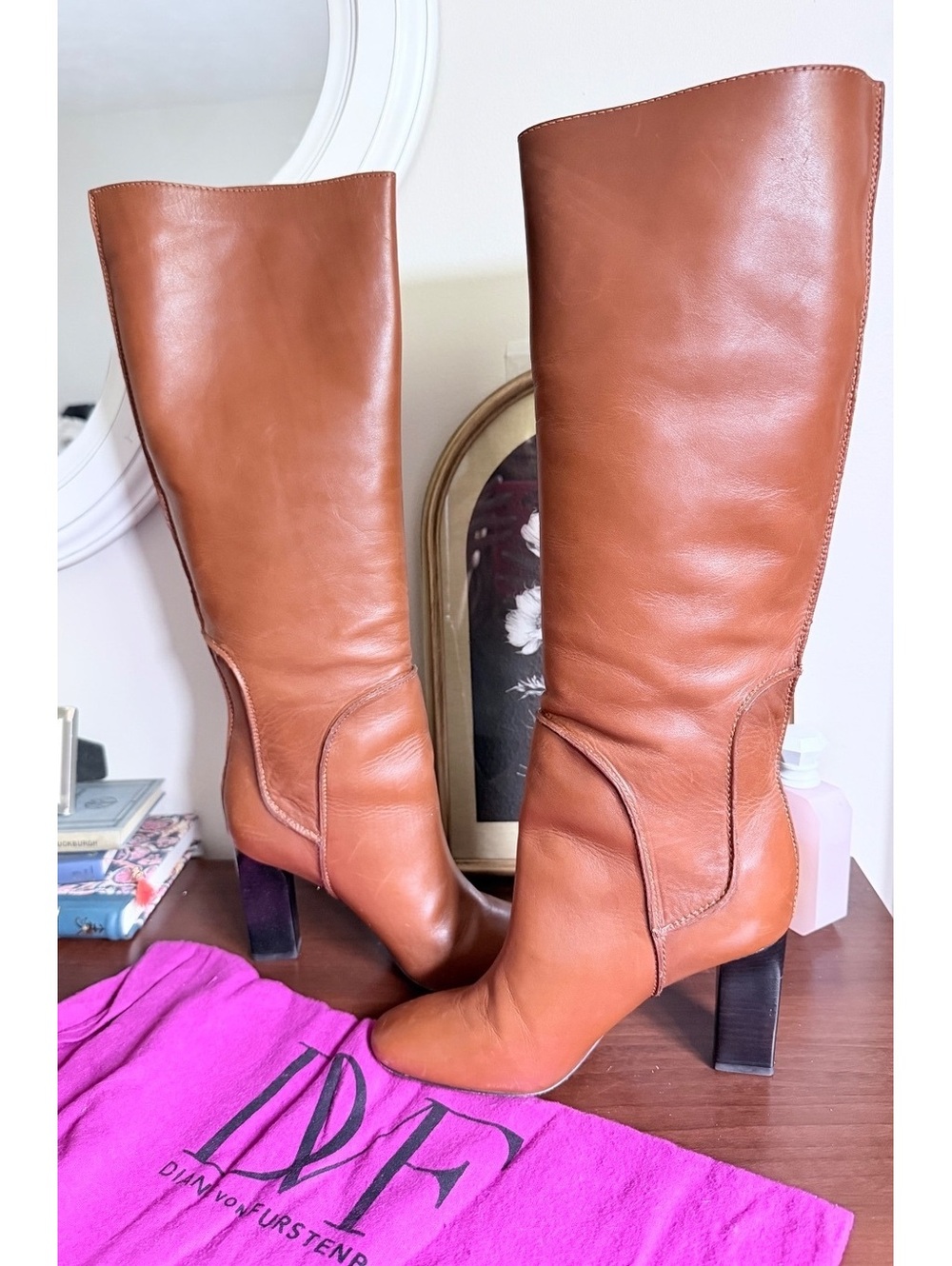 Diane von Furstenberg Gladyss Cognac Leather Knee High Boots | Size 7.5